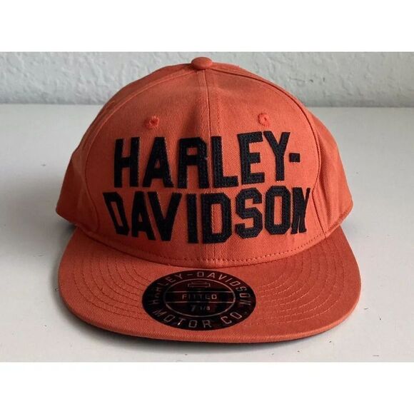 Harley-Davidson Motorcycle Block Letter Fitted Cap Hat Men’s Sz 7 1/8 Orange NEW - Picture 2 of 14